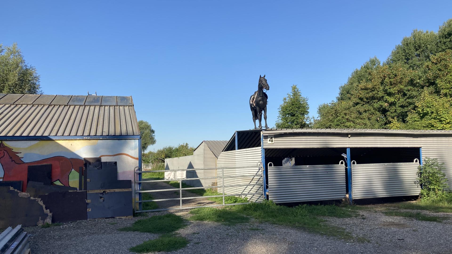 Eingangsbereich der Reitanlage Fohlenweide in Dettenheim. Auf einem Gebäude steht eine Pferdefigur. 
