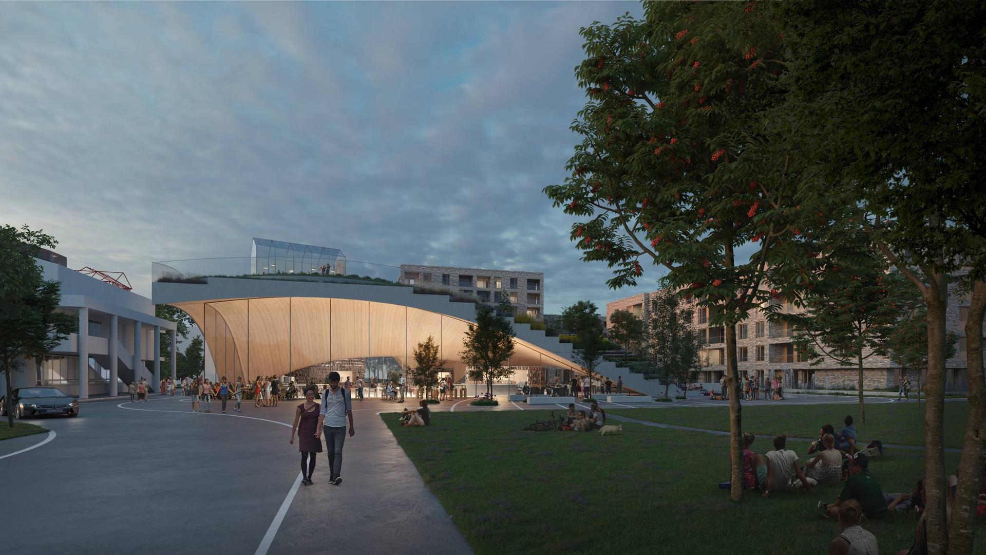 Eine Treppe führt auf das Dach: Die Idee zum Lern- und Begegnungsort LeBeN entstand 2018 aus einer Bürgerbeteiligung. Der Entwurf des Architekturbüros MVRDV in Rotterdam in den Niederlanden gestaltet den Gedanken einer grünen Mitte aus. Das Dach der „Landschaftsbücherei“ ist begrünt. 