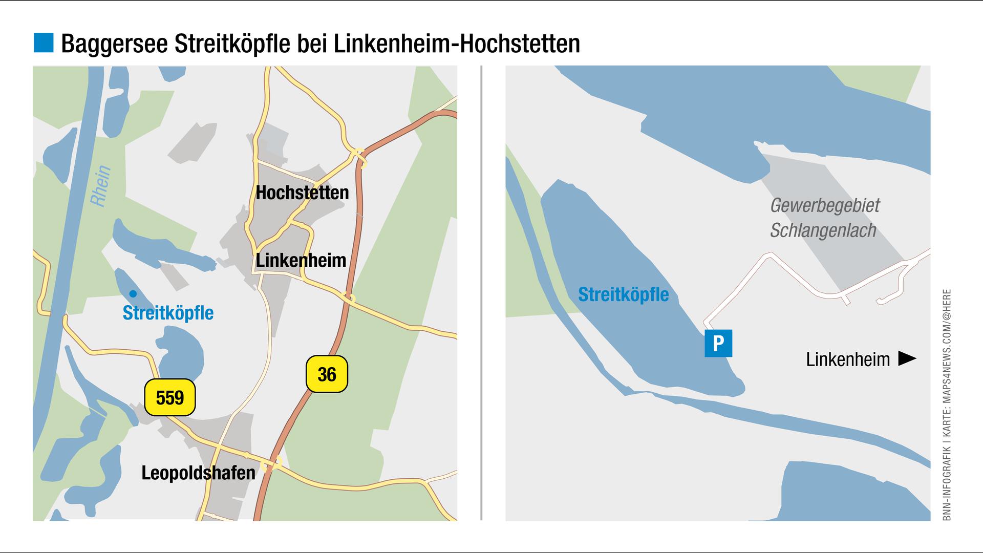 Blick auf die Karte: Hier liegt der Baggersee Streitköpfle in Linkenheim. 