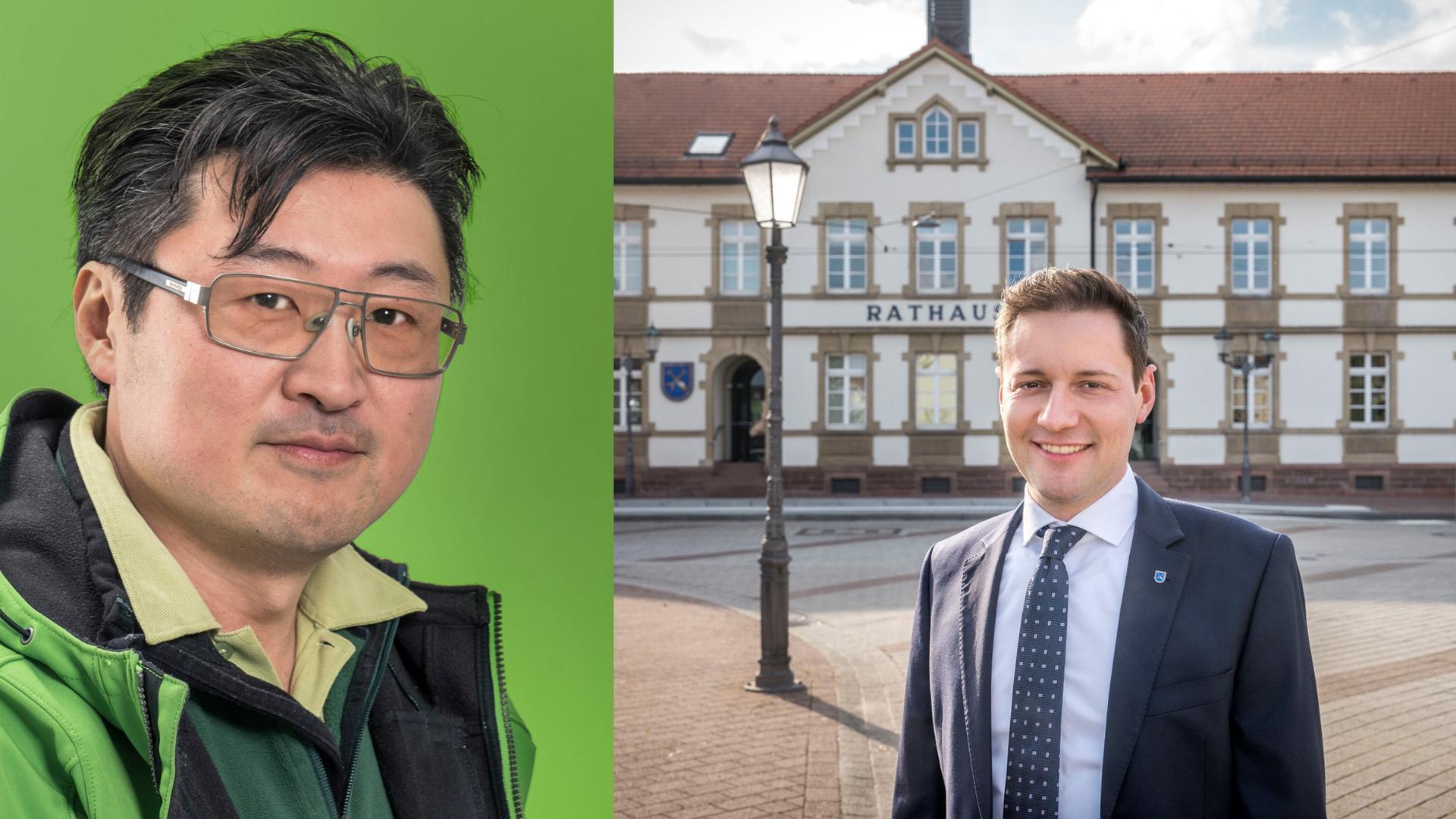Die Kandidaten Young Chun und Michael Möslinger für die Bürgermeisterwahl in Linkenheim-Hochstetten.