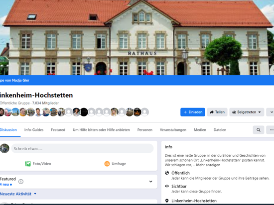 Das Foto zeigt einen Screenshot, also den Ausschnitt eines Bildschirms mit Facebook-Post. darauf ist das Rathaus von Linkenheim-Hochstetten zu sehen und ein Hinweis auf die Netiquette.