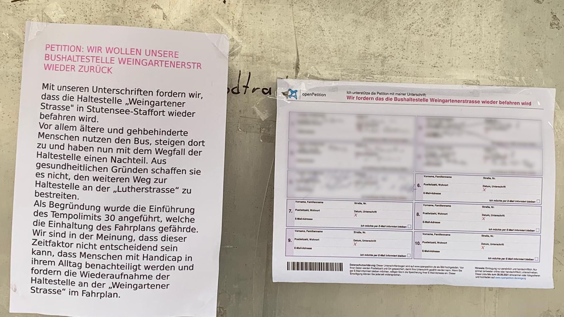 Petition gestartet: Mit einer Unterschriftenaktion fordern Anwohner in Stutensee-Staffort die Haltestelle in der Weingartener Straße zurück. Fünf Personen stehen bereits auf der Liste, eine Person trug sich doppelt ein. 