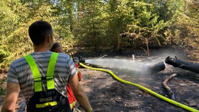 Zwei Feuerwehrleute aus Stutensee spritzen Wasser auf einen abgebrannten Baumstamm.