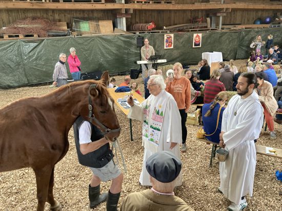 Pfarrer segnet ein Pferd beim Tiergottesdienst.