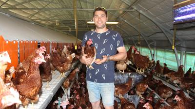 Uli Naumann steht im Hühnerstall des Guts Werrabronn und hält ein Huhn auf dem Arm. 