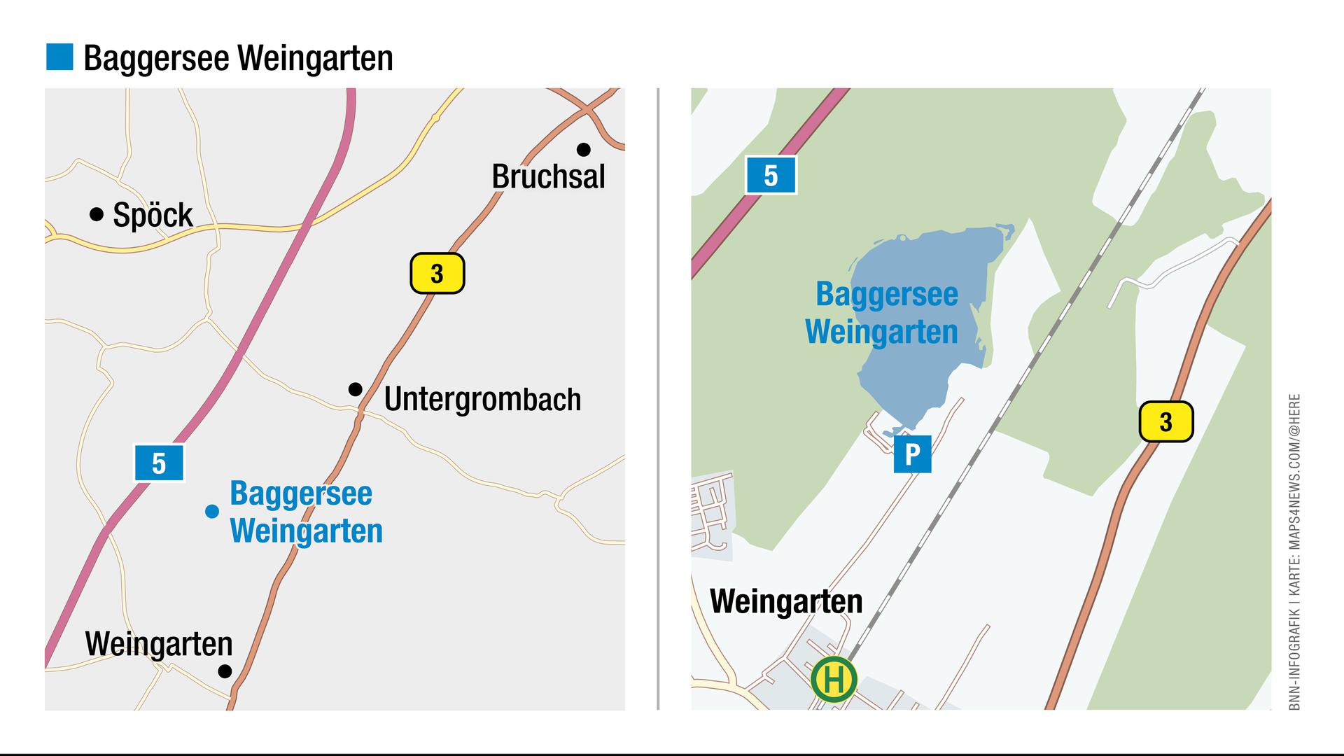 Blick auf die Landkarte: Hier liegt der Baggersee Weingarten.