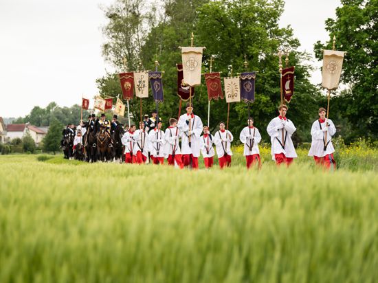 Ministranten und Blutreiter ziehen in einer Prozession an einem Feld entlang. Der Blutritt ist Europas größte Reiterprozession zu Ehren des Heiligen Blutes Christi. +++ dpa-Bildfunk +++