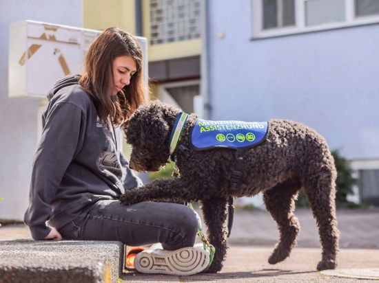 Eine junge Frau sitzt auf einer Treppe. Ihr Hund trägt einen Weste mit der Aufschrift „medizinischer Assistenzhund“. Die Hündin hat die Pfote auf den Oberschenkel von Laetizia aus Weingarten gelegt.