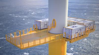 Die undatierte Visualisierung zeigt ein Offshore-Windrad in der Nordsee. Zur Produktion von grünem Wasserstoff auf hoher See planen die Insel Helgoland und ein Firmenkonsortium in der Nordsee bis 2035 zehn Gigawatt Offshore-Windanlagen. 