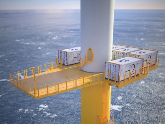 Die undatierte Visualisierung zeigt ein Offshore-Windrad in der Nordsee. Zur Produktion von grünem Wasserstoff auf hoher See planen die Insel Helgoland und ein Firmenkonsortium in der Nordsee bis 2035 zehn Gigawatt Offshore-Windanlagen. 