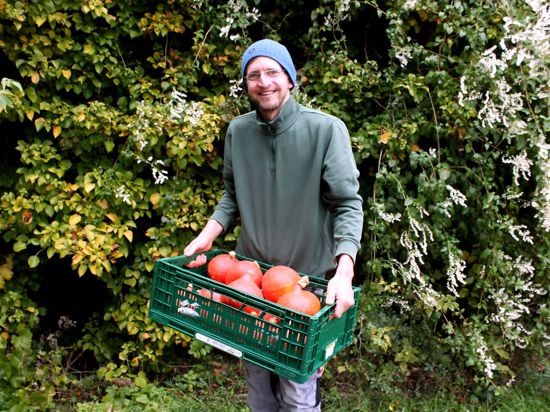 Mann mit Mütze (Florian Petrik) mit grüner Kiste und orangefarbenen Kürbissen.