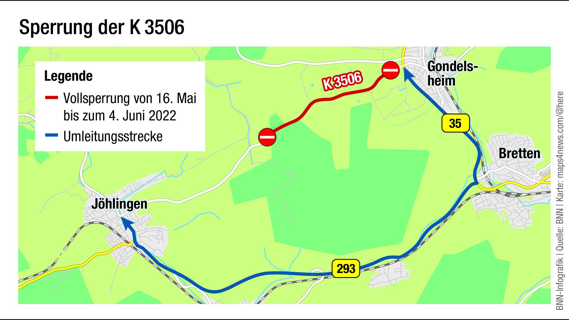 Vollsperrung der K3506 zwischen Jöhlingen und Gondelsheim 
