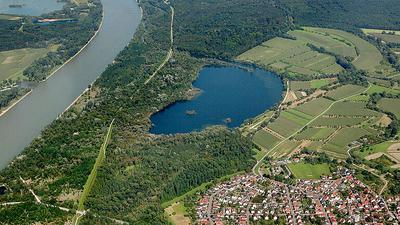 Ein Luftbild zeigt den Rhein, den Fermasee, ein Teil von Neuburgweier und den Auenwald.