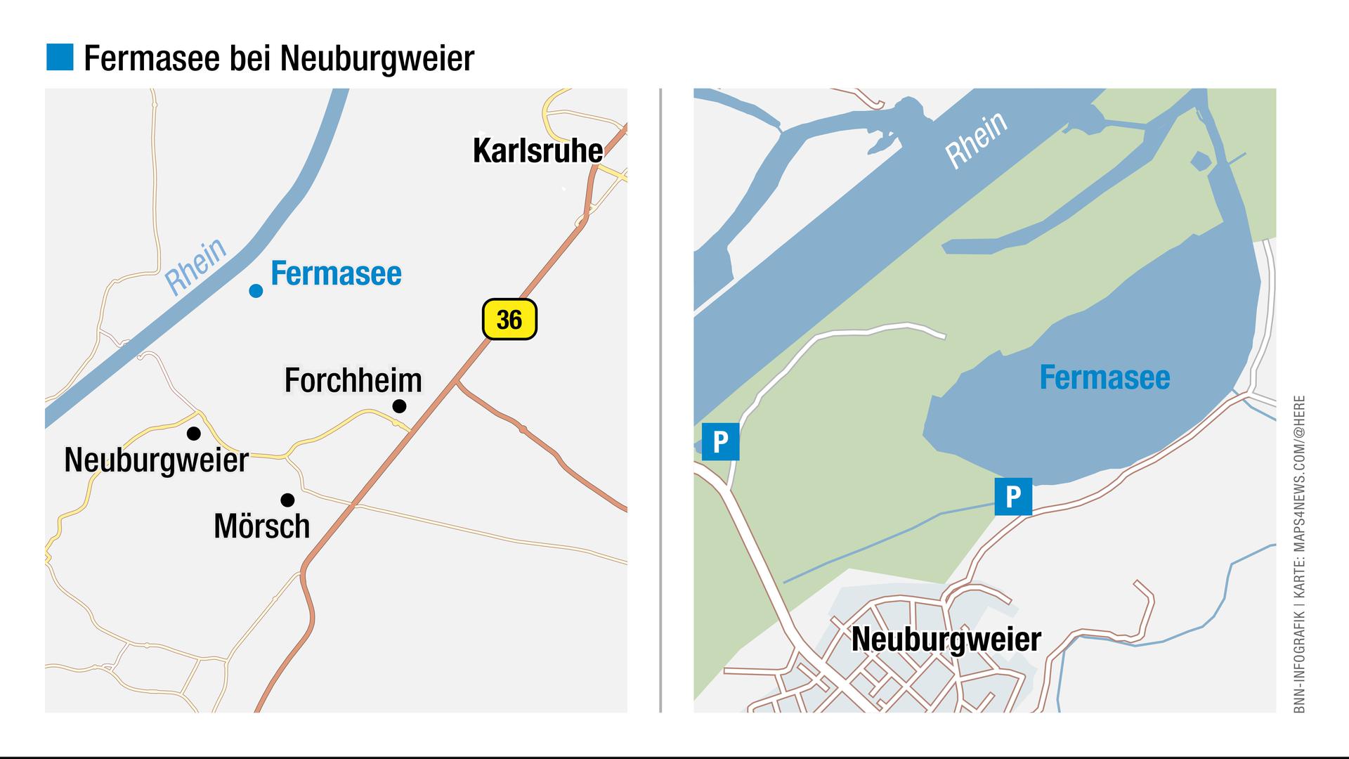 Blick auf die Landkarte: Hier liegt der Fermasee in Rheinstetten-Neuburgweier.