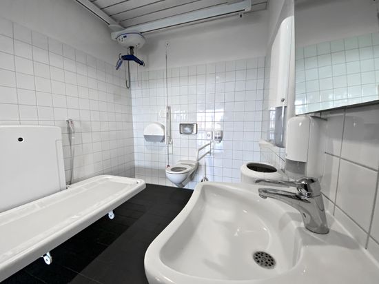 Zu einer „Toilette für alle“ gehören neben einer klassischen Toiletten-Austattung eine höhenverstellbare Liege und ein elektrischer Personen-Lifter. 