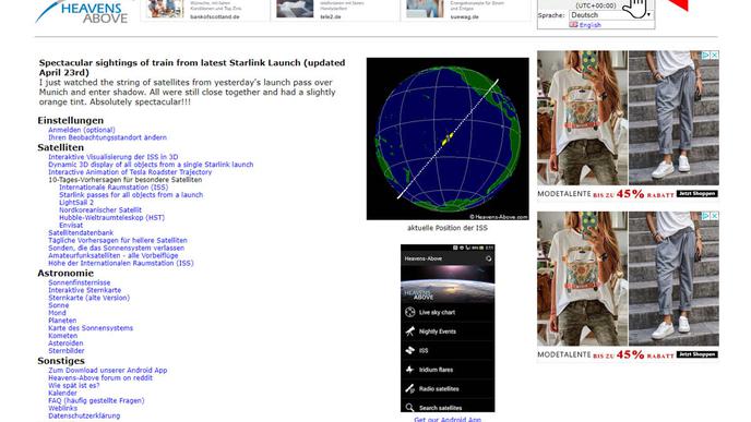 Screenshot: Heavens above; Anleitung Satelliten Starlink