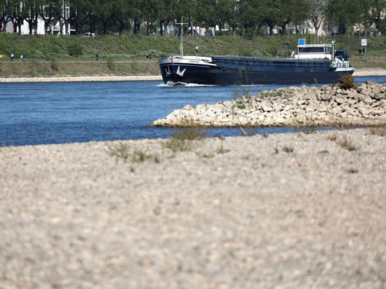Ein Schiff fährt hinter einer freiliegenden Sandbank über den Rhein.