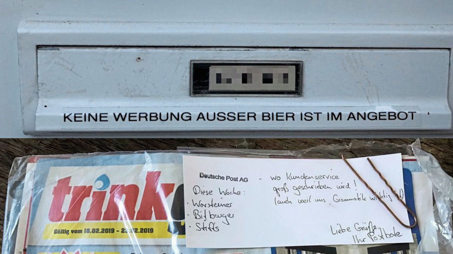 "Außer Bier ist im Angebot": Ein Postbote in Hagen hat vergangene Woche viel Humor bewiesen.