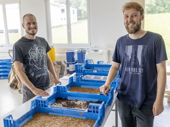 In Jöhlingen tüftelt Leo Flohr (rechts) zusammen mit Biologe Alexander Bexter an einer Maschine zur Mehlwurmproduktion.