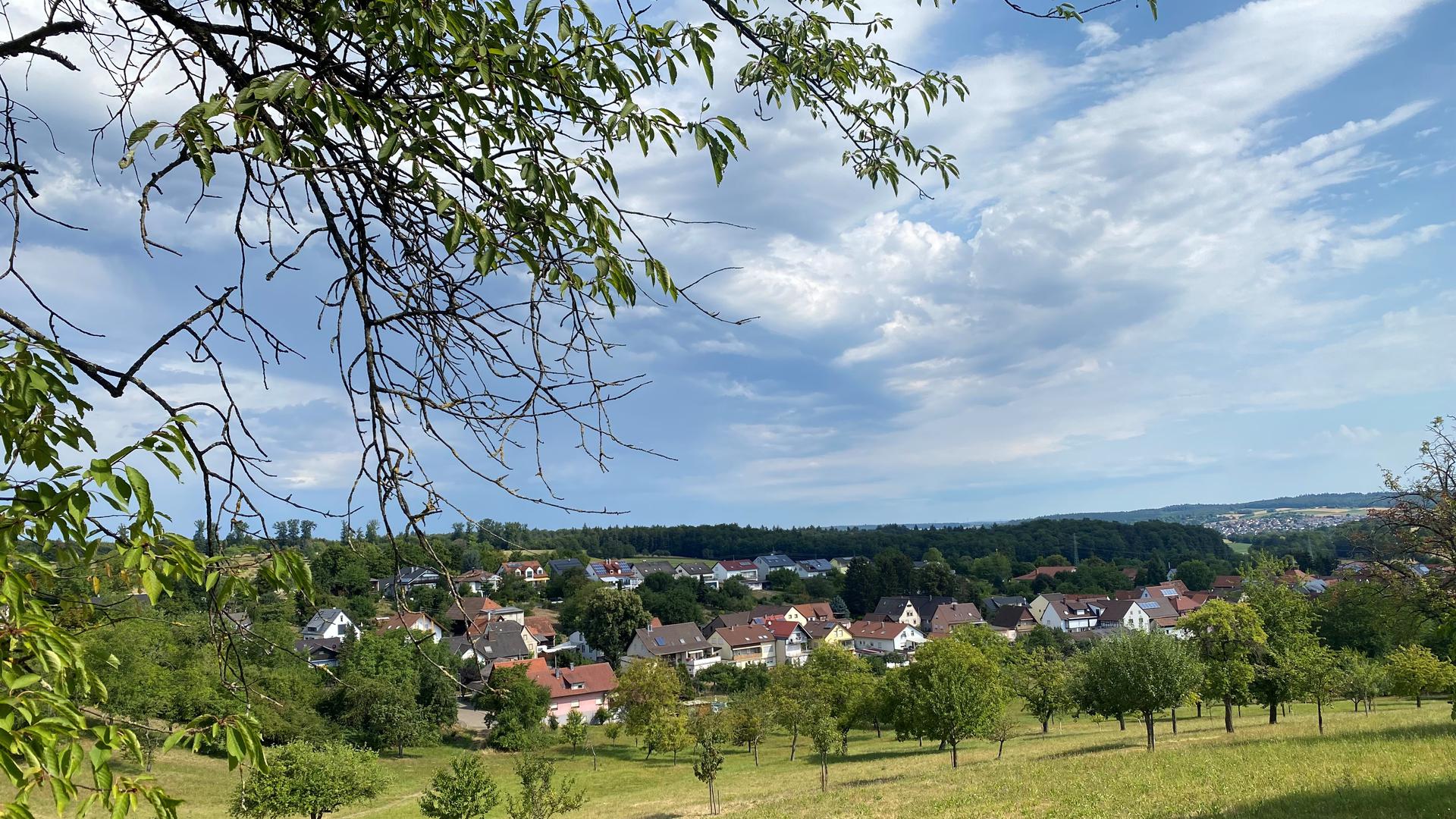 Dürrenbüchig, ein Stadtteil Brettens, unter blauem Himmel.