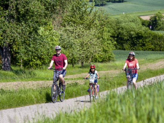 Eine Familie fährt mit den Fahrrädern durch den Kraichgau.
