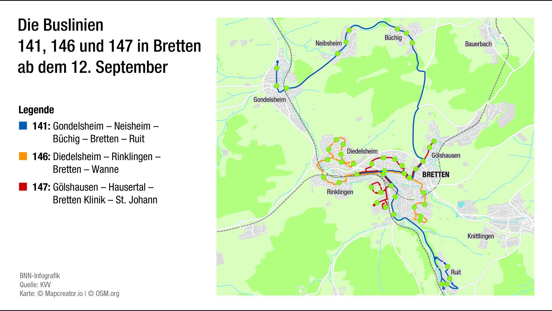Die Buslinien 141, 146 und 147 in Bretten ab dem 12. September