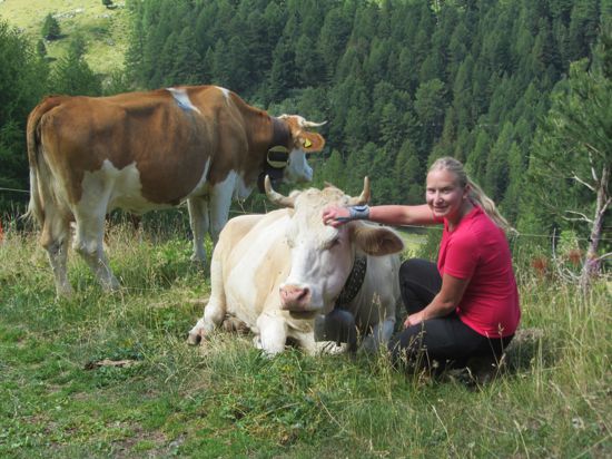 Laura Rübenacker zusammen mit zwei Kühen auf der Alpe Ginals.
