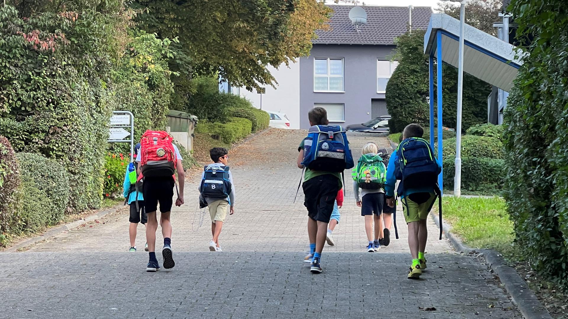 Gemeinsam laufen die Schüler aus Dürrenbüchig von der Bushaltestelle in Diedelsheim zu ihren Klassenzimmern.