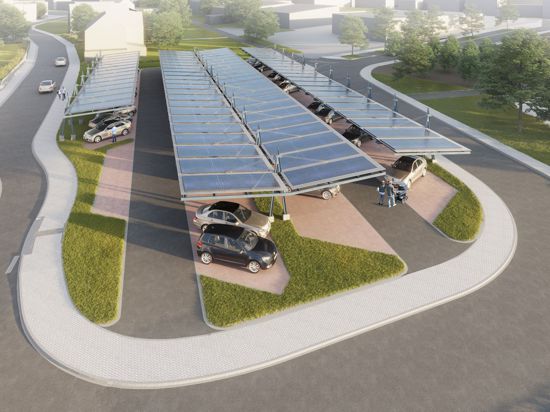 Fotorealistische Darstellung einer Parkplatzüberdachung mit Photovoltaik