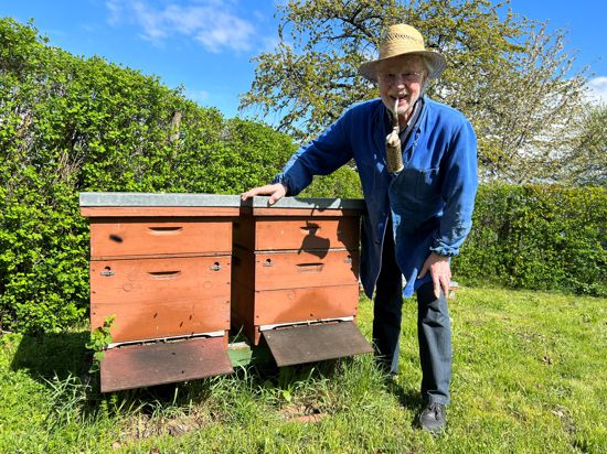 Mit Leib und Seele dabei: Schon als Zwölfjähriger hat sich Walter Zundel um Bienen gekümmert. Im Mund hat er eine Bienenpfeife. Der Rauch stellt die Bienen kurzzeitig ruhig.