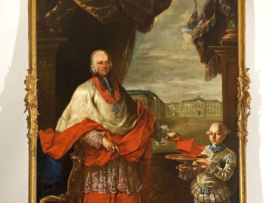 Ölgemälde signiert Nicolas Treu, Porträt in barockem Rahmen, mit Page vor dem Bruchsaler Schloss, Knabe reicht dem Bischof seine Bischofsmütze auf einem Tablett, Inventarnummer G 1149