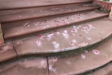 Spuren eines Heiratsantrags auf den Stufen von Schloss Bruchsal. Was vielleicht romantisch gemeint war, kann Folgen für das Schloss haben. Manche Spuren lassen sich nur schwer beseitigen. 