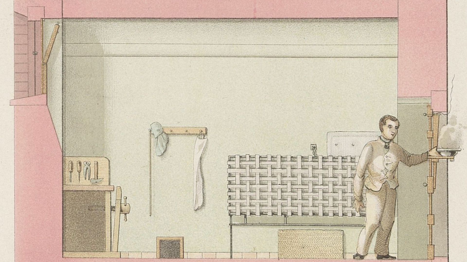 Ein Gefangener im Zuchthaus Bruchsal reicht eine Schüssel durch eine Öffnung in der Zellentür.