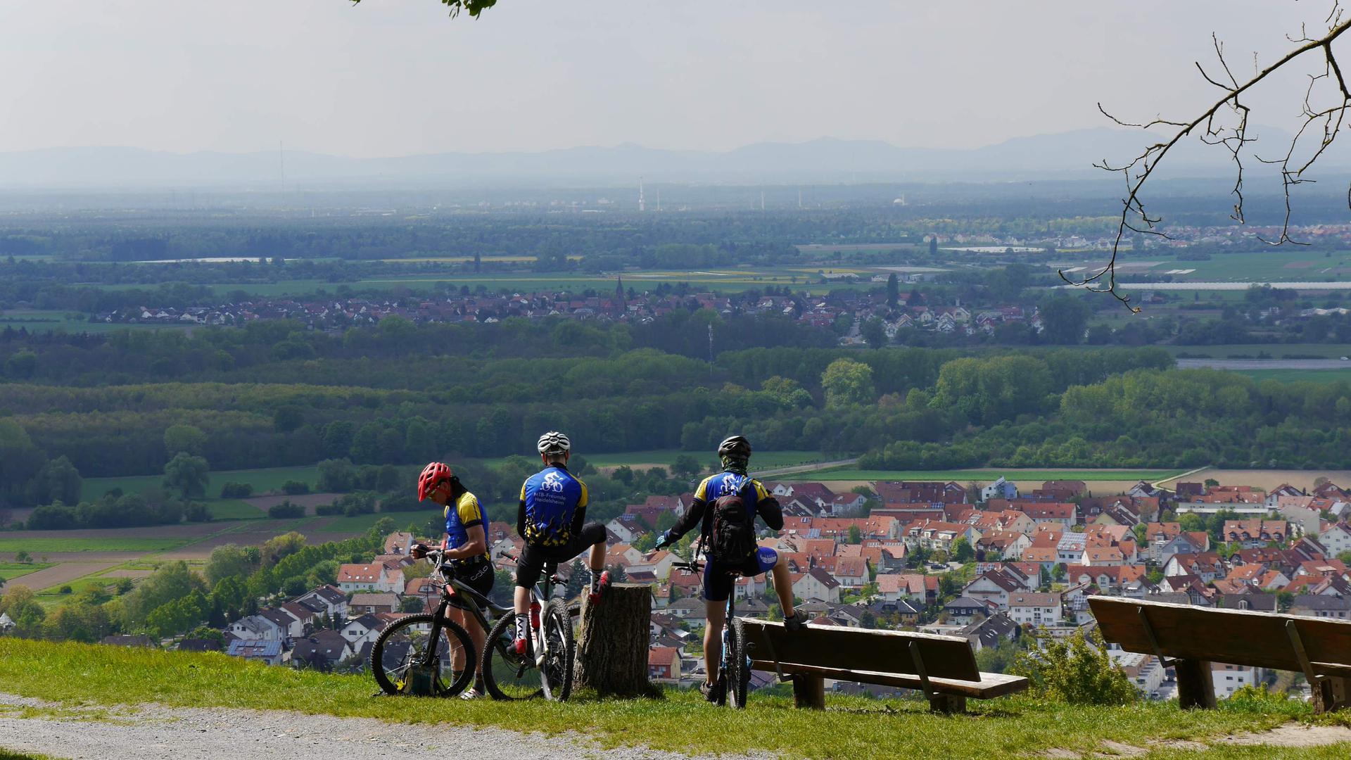 Mountainbiker stehen neben ihren Rädern und schauen vom Berg über die Rheinebene 