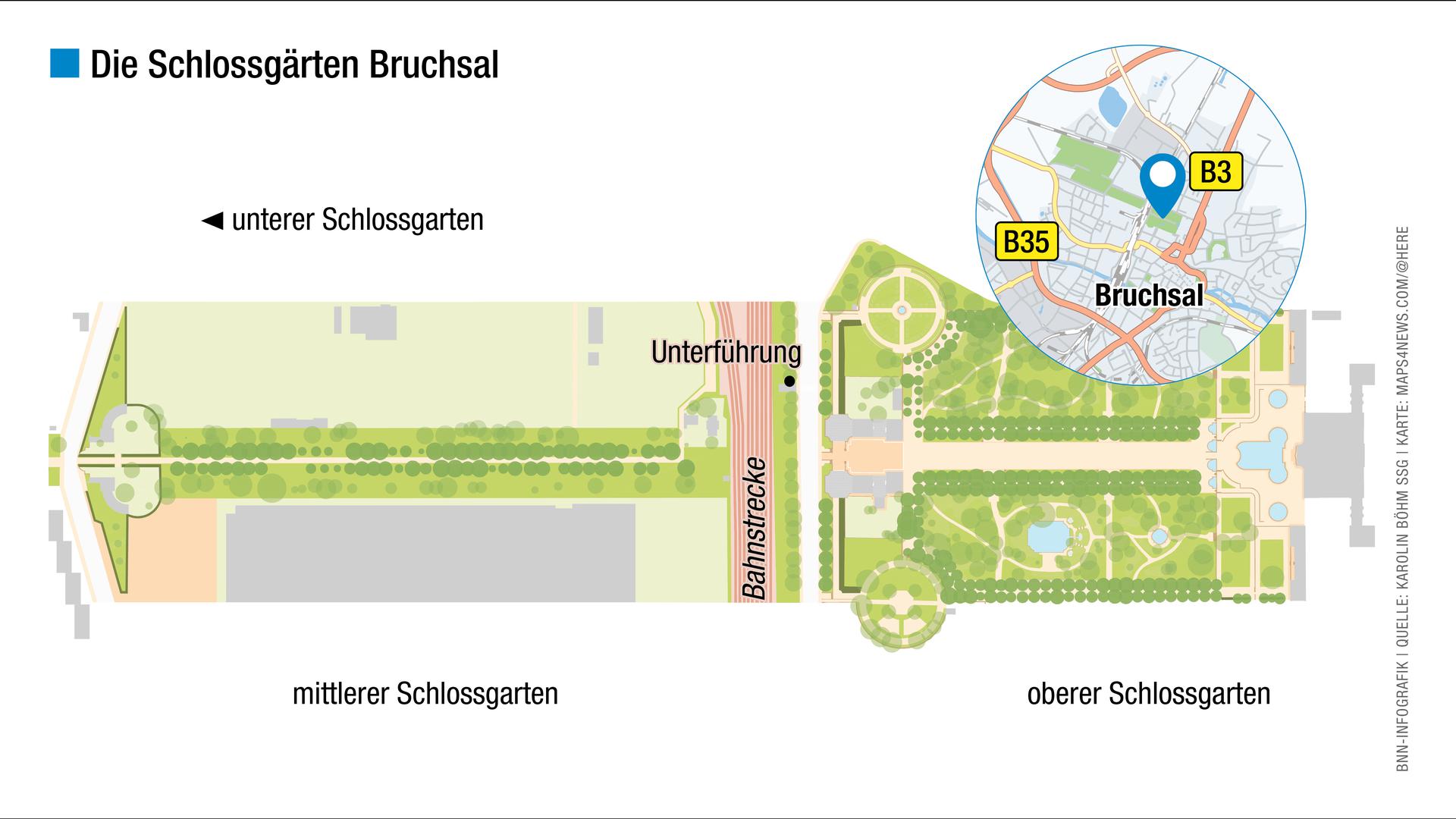 Der Schlossgarten in Bruchsal geht hinter der Bahnstrecke noch weiter.