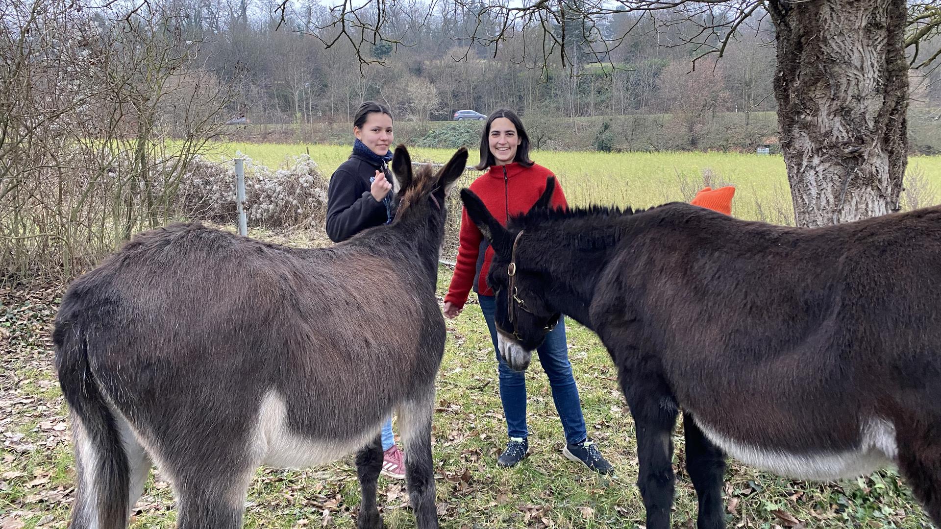 Eselszüchterin Katrin Dickgießer-Weiß und ihre Tochter Carla mit den Eseln Lucy und Kir. Sie sind vom Eselsvirus befallen, sagen sie. 