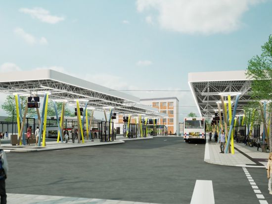 Auf bunten Mikadostützen sollen die Dächer für den neuen Busbahnhof in Bruchsal ruhen. Die Dächer selbst sind Fotovoltaikanlagen. Im Frühjahr 2024 will die Stadt mit dem Bau beginnen. 
