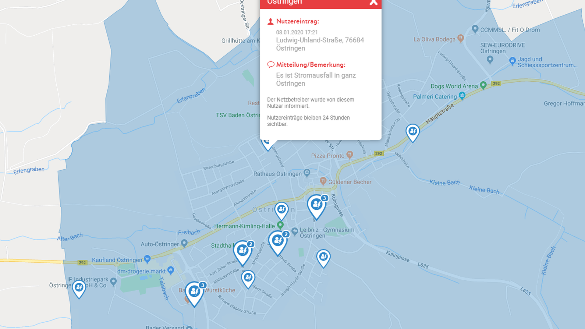 Meldung auf der Webseite störungsauskunft.de. Auf der Karte der Netze BW ist der Ausfall inzwischen nicht mehr vorhanden.