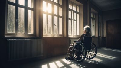 alte Frau im Rollstuhl vor einem Fenster
