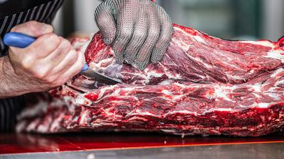 In einer Fleischerei zerlegt ein Metzger einen zuvor geschlachteten Wagyu Ochsen.