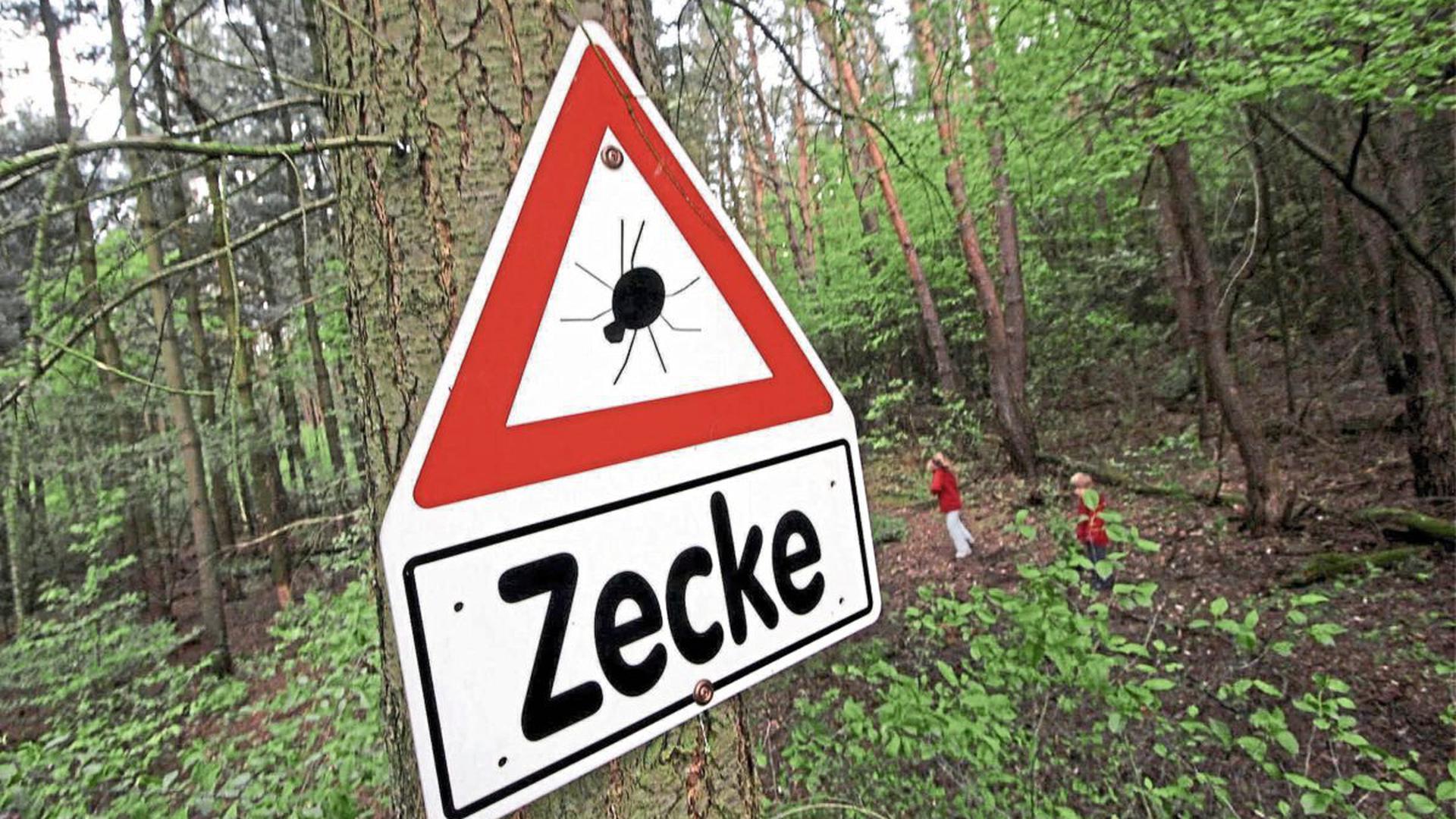 Ein Schild im Wald warnt vor Zecken. Bei den steigenden Temperaturen werden auch die Blutsauger unter anderem im Kraichtal wieder aktiv.