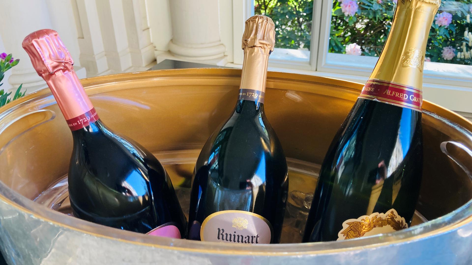 Champagnerflaschen werden in einem Kübel gekühlt. 