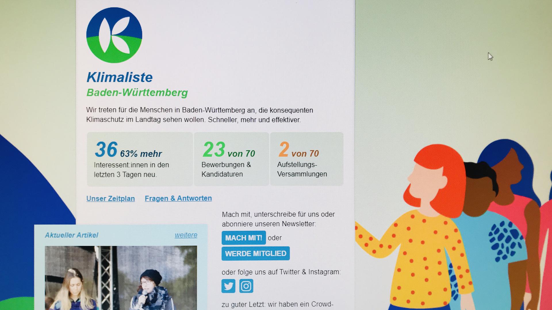 Ein Blick auf die Startseite der Homepage der Klimaliste Baden-Württemberg 