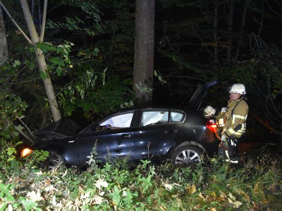Drei Feuerwehrmänner untersuchen ein beschädigtes Auto bei Nacht im Wald. 