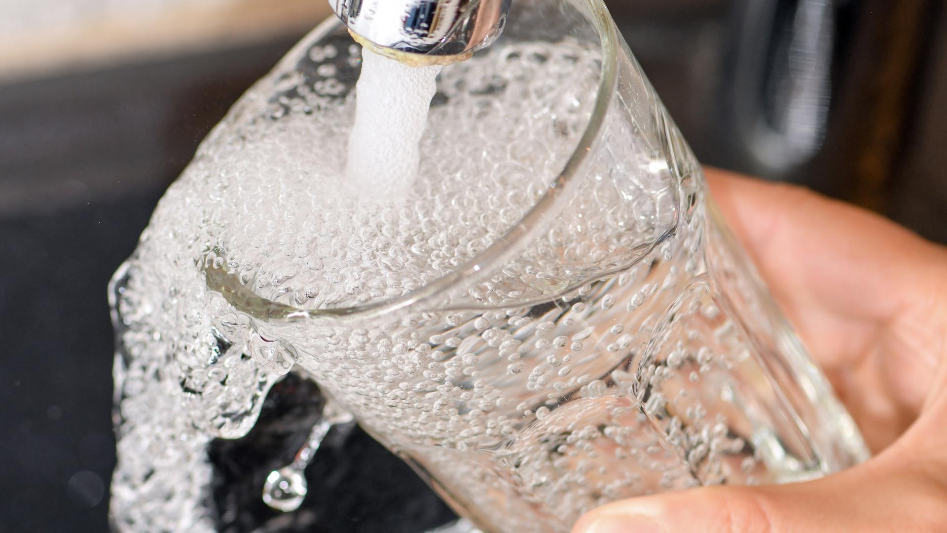 Am Wasserhahn in einer Küche wird ein Trinkglas mit Leitungswasser befüllt. 