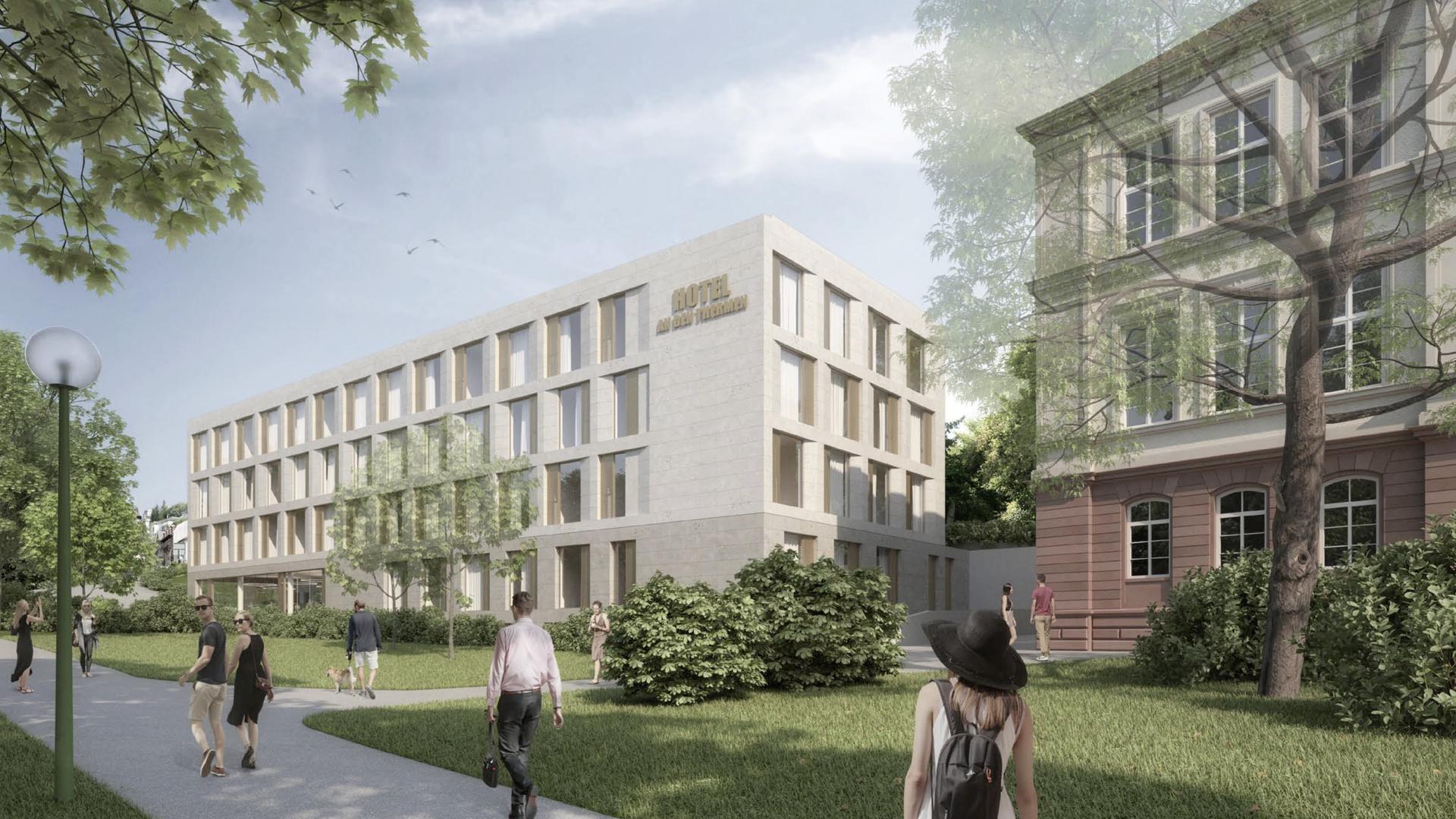 Eine Visualisierung zeigt das geplante Hotel an den Thermen, das in Baden-Baden auf dem Gelände des alten Gefängnisses entstehen soll. 