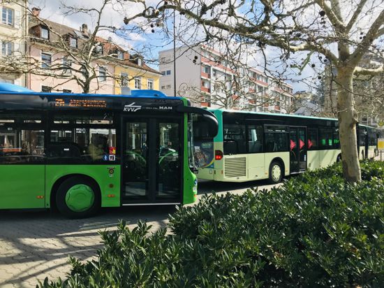 Zwei Busse der Baden-Baden-Linie (BBL) stehen an der Haltestelle am Augustaplatz.