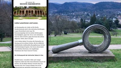 Eine große Lupe als Skulptur, im Hintergrund ist Baden-Baden zu sehen. Im Vordergrund wird ein Handydisplay mit dem neuen Newsletter gezeigt.