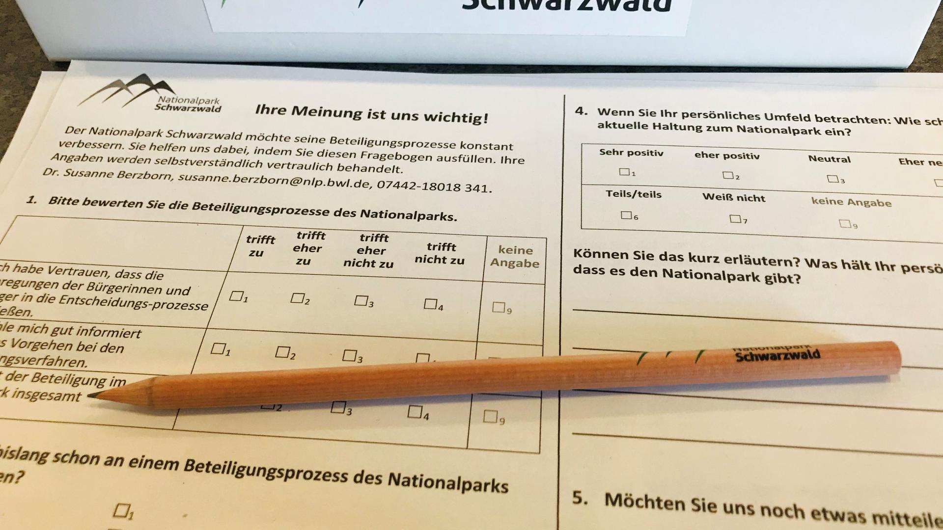 Auf einem Formular des Nationalparks Schwarzwald, in dem Bürger ihre Meinung zum Schutzgebiet äußern können, liegt ein Bleistift