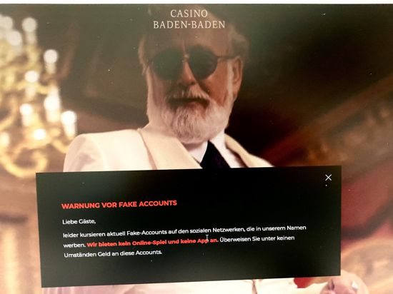 Auf der Homepage der Spielbank Baden-Baden steht ein Hinweis, der vor Fake Accounts warnt. 